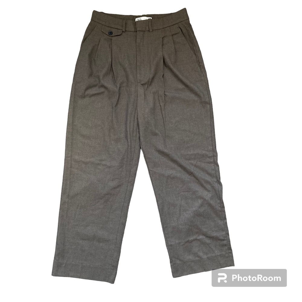 Zara Size Small Pleated Brown Straight Leg Pants Trousers